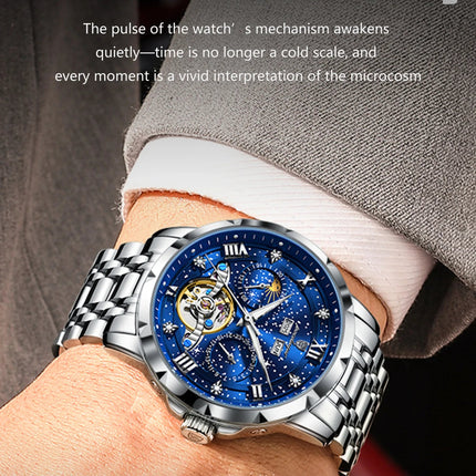 POEDAGAR Top Orologio da uomo originale Orologio meccanico automatico da uomo in acciaio inossidabile Calendario Hollow Tourbillon Orologio da uomo Maschio + scatola platinumshop