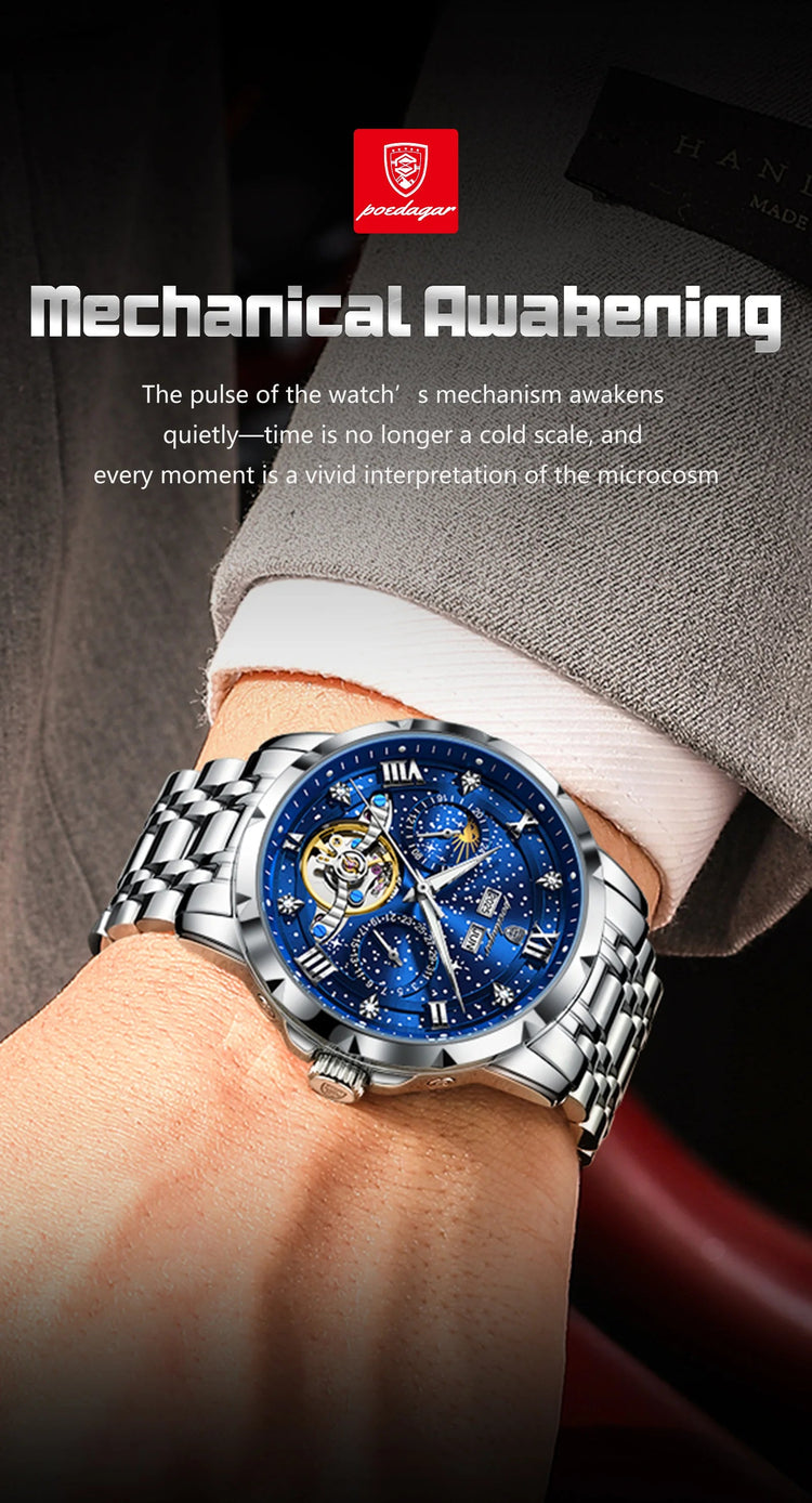 POEDAGAR Top Orologio da uomo originale Orologio meccanico automatico da uomo in acciaio inossidabile Calendario Hollow Tourbillon Orologio da uomo Maschio + scatola platinumshop