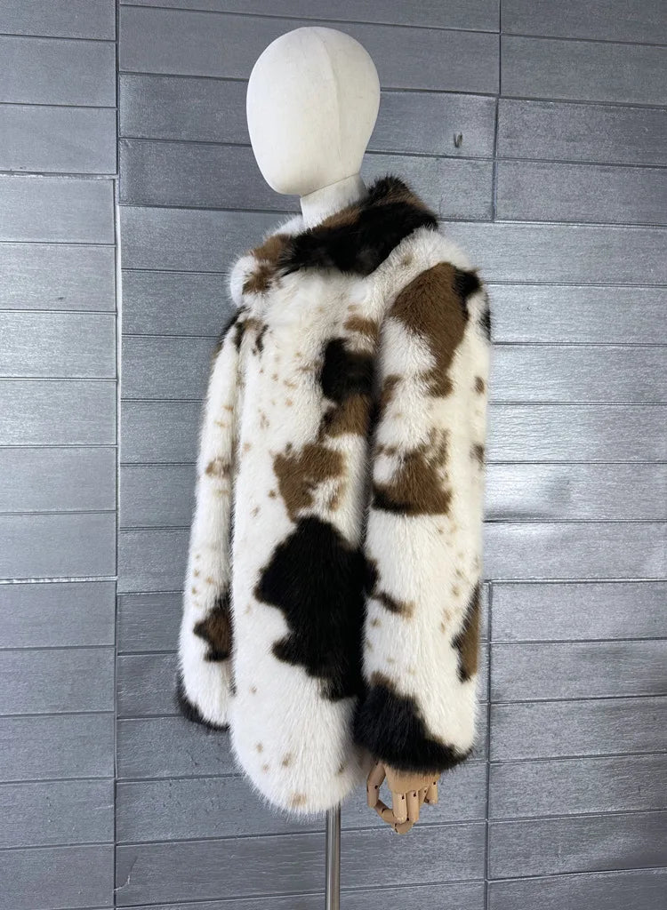 ZADORIN 2026 Chic Mid Long Cow Pattern Fluffy Faux Fur Coat Woman Lapel Loose Winter Fur Coats Woman Furry Jacket Fur Faux Coat