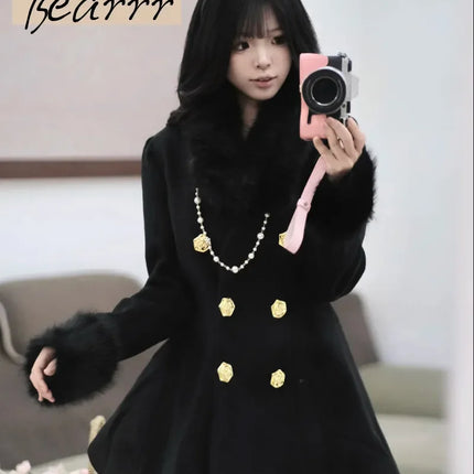 New Elegant Small Fragrance Celebrity Loose Coat Moda Woolen Winter French Style Vintage Blends Slim Waist Mid-length Outwear