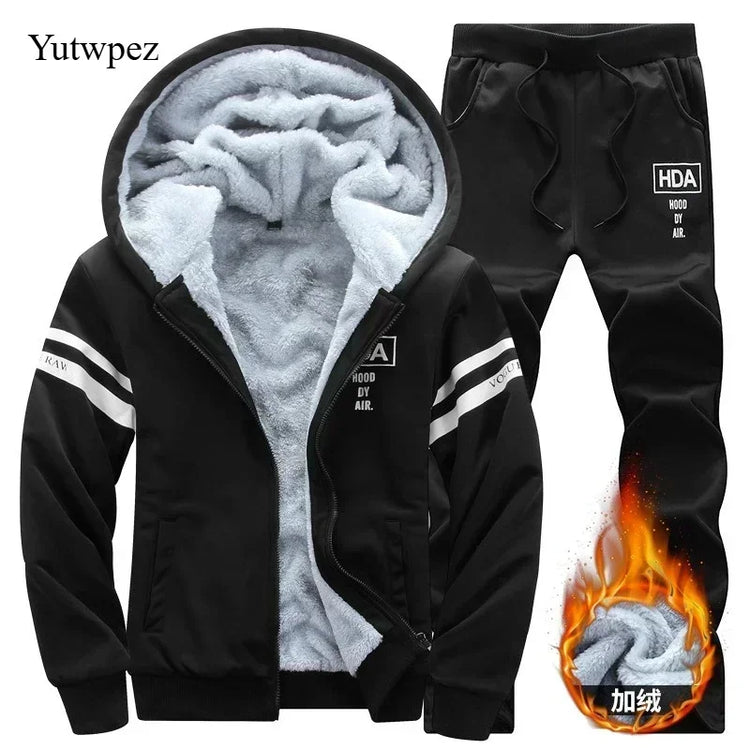 M-6XL Men's Winter 2 Piece Tracksuit Set, Thickened Warm Hooded Coat & Sweater, Outdoor Hiking Cycling Camping Running Outerwear