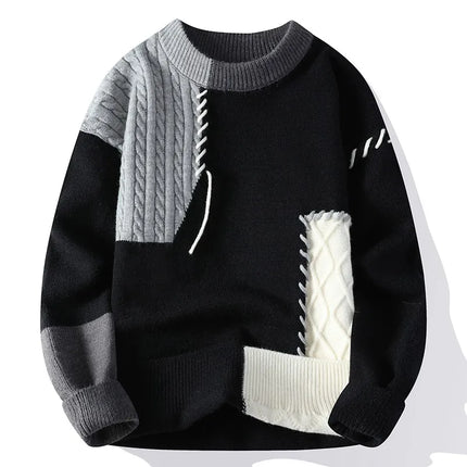 2024 Patchwork Knitted Sweater Trend High Street Autumn Winter Warm Men's Tops Hip-hop Street Clothing Fishing Sports Pullover