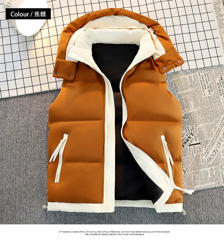 New Hooded Casual Men Waistcoat Comfortable Warm Zipper Male Sleeveless Jackets Solid Color Windproof Clothing for Men Spring