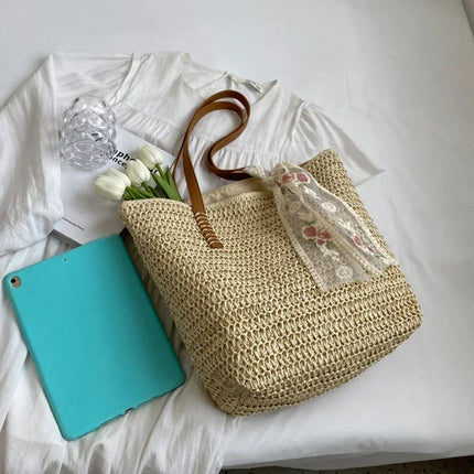 Large Capacity Summer Tote Bag, Women's Hand-Woven Shoulder Bag, Fresh Rural Style