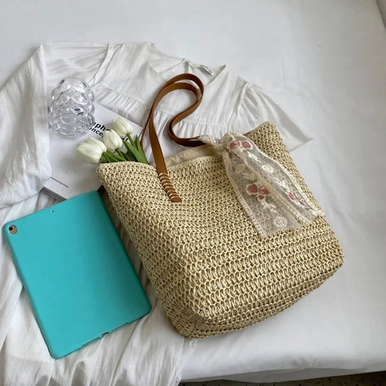 Borsa Tote Estiva Grande Capacità, Borsa a Spalla Intrecciata Artigianale da Donna, Stile Rurale Fresco
