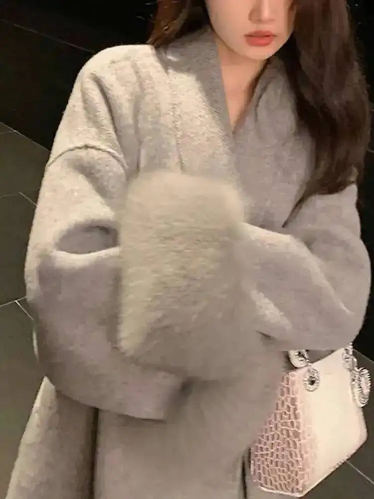 UCXQ Elegant Woolen Coat Temperament Office Lady Overcoats Fur Patchwork Long Sleeve Beautiful Women's Coats 2025 Winter New