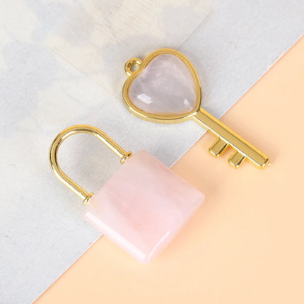 1 Set Natural Crystal Couple Lock Necklace Pendant Set Heart Shaped Key Piece Pink Crystal Amethyst Tiger Eye Stone Lock PlatiNum