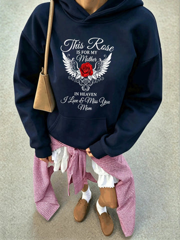 Red Rose Angel Wings Memorial For Mom Print Women'S Hoodies Autumn Loose Hoody Comfortable Cotton Hoodie Soft Unisex Streetwear