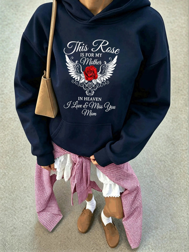 Red Rose Angel Wings Memorial For Mom Print Women'S Hoodies Autumn Loose Hoody Comfortable Cotton Hoodie Soft Unisex Streetwear