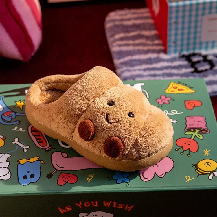 ZUOFU Unisex Cute Croissant Plush Slippers Autumn Winter Non-Slip TRP Fluffy Indoor Cotton Slippers Open & Closed Back Available