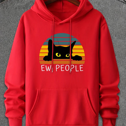 Cat ew people print casual fashion college style hooded sweatshirt with autumn and winter velvet suitable for men and women