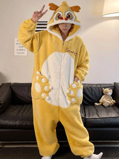 Kigurumi Cartoon Dragon Onesie Pajamas  Adult Men Women Cute Coral Fleece Sleepwear Warm Thick Homewear Jumpsuits Robe Nightgown