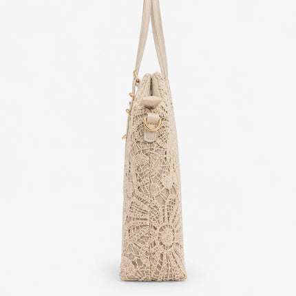 Borsa shopper da donna Alessia in pizzo floreale beige