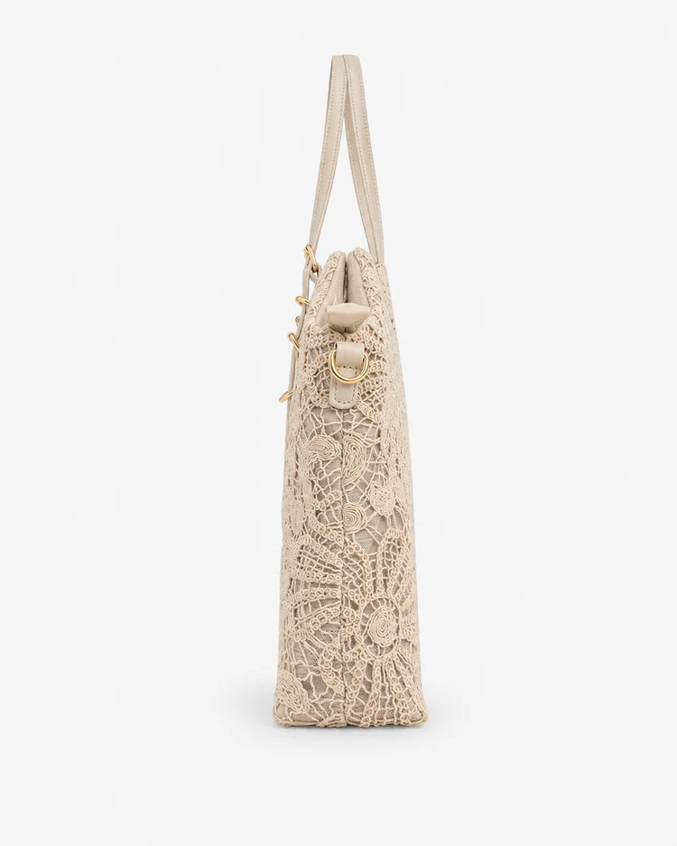 Borsa shopper da donna Alessia in pizzo floreale beige