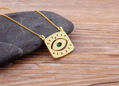 AIBEF Nuovo design creativo Zircone dorato Turco Evil Eye Collana con ciondolo quadrato Collana da donna Hip Hop Street Jewelry Party Regalo fortunato