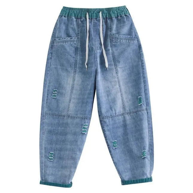 Women's Distressed Nine-Point Jeans, New Elastic Waist Casual Slim Harem Pants, Ankle-Length Denim, for Summer 2026