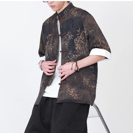 Camicie da uomo estive di lusso in jacquard con foglie di bambù, camicia a maniche corte da uomo in stile cinese tradizionale, camicia casual da uomo per Kung Fu e Tai Chi