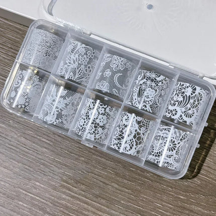 10 Rolls 4x50CM Black White Lace Transfer Nail Sticker Sexy Flower Lace Nail Art Transfer Foils Paper for DIY Manicure Decals*@# 2028