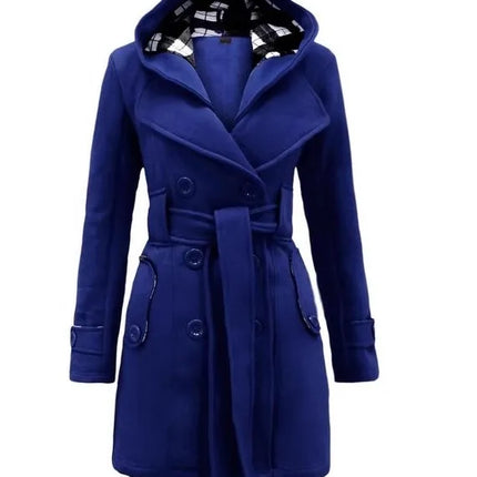 2026 Autumn Women's Hooded Overcoat Trend Double-Breasted Design Belt Side Pockets Plaid Splice Woolen Coats Winter Jacket Femme