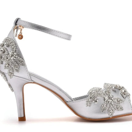 Sandalias de mujer de calidad femenina con diamantes de imitación de PU, tacón delgado de 7 cm, correa de hebilla, zapatos de vestir de estilo coreano para mujer, azul cielo maduro