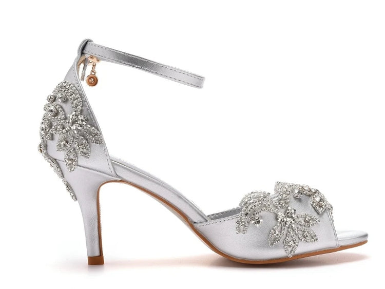 Sandali da donna di qualità femminile strass PU 7CM tacchi sottili cinturino con fibbia scarpe da donna in stile coreano vestito blu cielo maturo