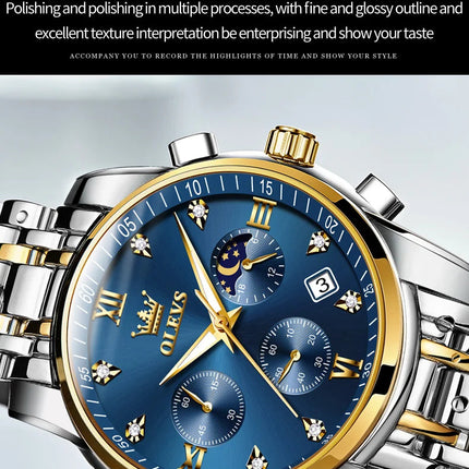 OLEVS 2858 Orologio da Uomo in Acciaio Inossidabile, Impermeabile, Antigraffio, con Fasi Lunari, Luminoso, Cronografo, Orologio da Polso al Quarzo di Lusso platinumshop