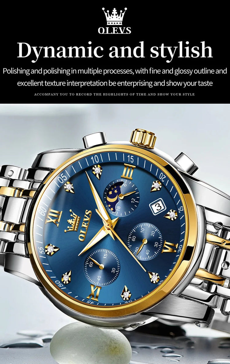 OLEVS 2858 Orologio da Uomo in Acciaio Inossidabile, Impermeabile, Antigraffio, con Fasi Lunari, Luminoso, Cronografo, Orologio da Polso al Quarzo di Lusso platinumshop