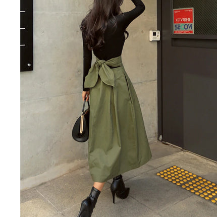 Gonne donna coreana moda tinta unita grande altalena gonna da donna gonna lunga 2022 autunno selvaggio vita alta fiocco gonne sottili