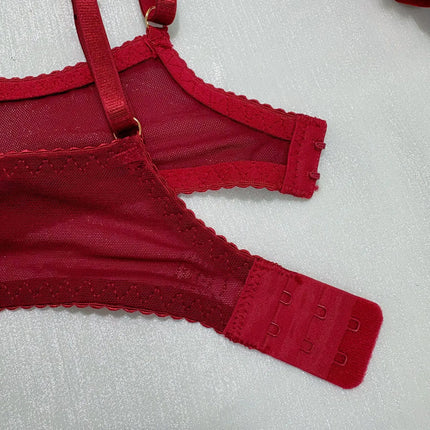 Red Lace Embroidery Bra Set 5-Piece Lingerie Comfortable Push Up Underwear