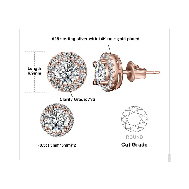 JewelryPalace Moissanite D Color Total 1ct Round 925 Sterling Silver Halo Stud Earrings for Woman Yellow Gold Rose Gold Plated PlatiNum