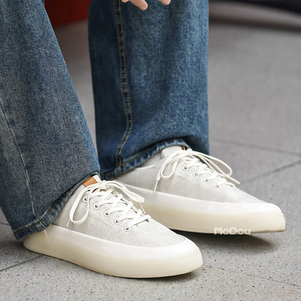 Men's Linen Canvas Platform Sneakers, Breathable Low‑Top Casual Skate Shoes, Retro Contrast Tan Trim Design, Soft Cushioned Thic