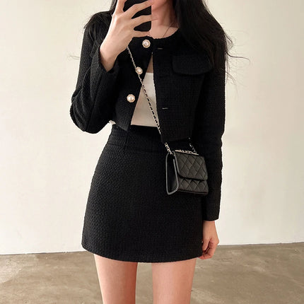 Women Tweed 2 Two Piece Sets Long Sleeve Pearl Buttons Short Jacket and A-line Mini Skirt Set Fall Winter Women Outfits