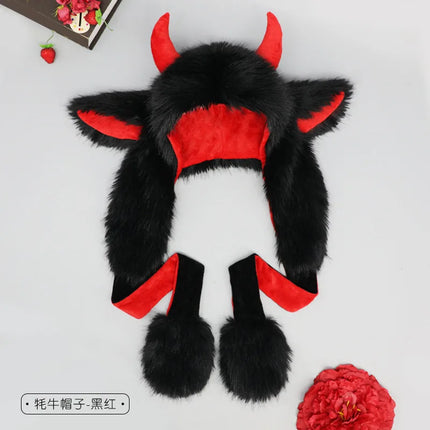 Y2K Gothic Punk Cat Ear Hat with Cross Wing Chain Decoration Plush Warm Winter Subculture Goth Rock Musi Cap Bombero Gorro Ruso