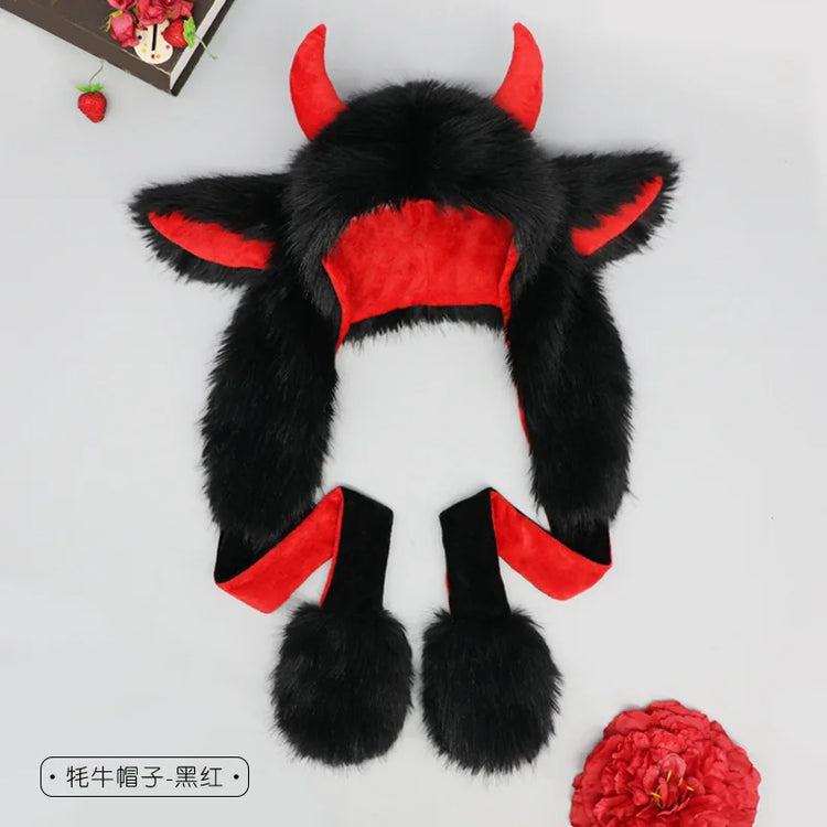 Y2K Gothic Punk Cat Ear Hat with Cross Wing Chain Decoration Plush Warm Winter Subculture Goth Rock Musi Cap Bombero Gorro Ruso