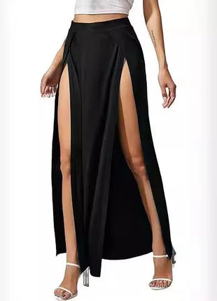 Nuova gonna elastica a vita alta da donna tinta unita spacco alto laterale vestibilità ampia assorbimento del sudore gonna lunga da spiaggia stile street