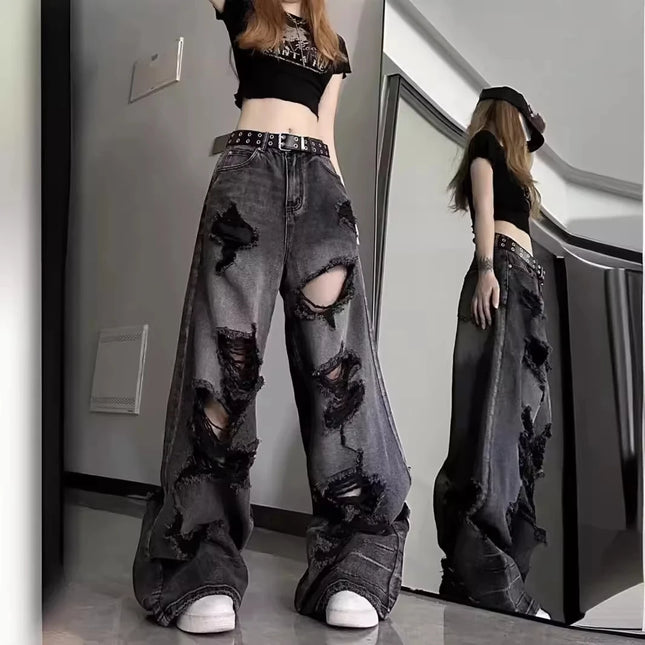 Unique and fashionable ripped jeans for women, summer, American style, flare, loose fit, versatile, straight leg, long