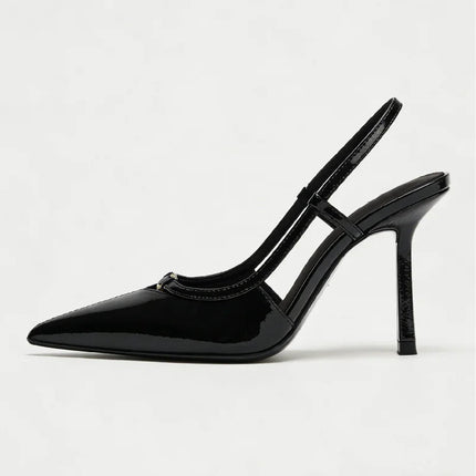 2026 Fashion Metal Decoration Stiletto Pumps Women Luxury Patent Leather Pointed Toe High Heels Sexy Slingback Designer Shoes PlatiNum