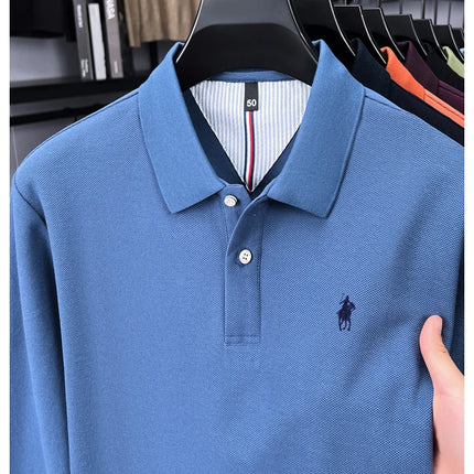 High-end branded long-sleeved polo shirt, 100% cotton, new business men's leisure lapel t-shirt, luxury comfort with Paul pony embroidery