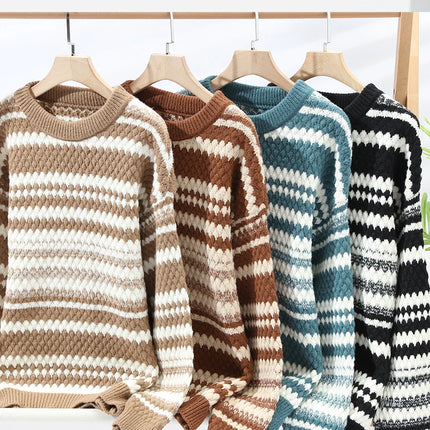 Winter Men's Loose Pullover Male Slim Fit Fashion Knitted Sweater Man Thick Warm Pull Homme Retro Stripe Sweaters