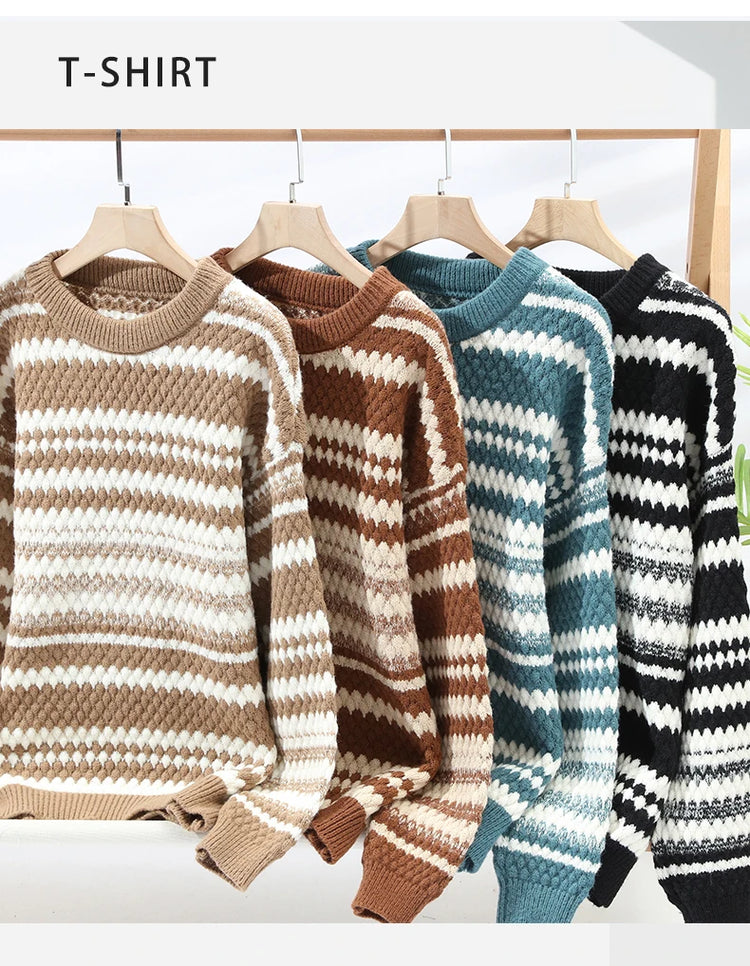 Winter Men's Loose Pullover Male Slim Fit Fashion Knitted Sweater Man Thick Warm Pull Homme Retro Stripe Sweaters