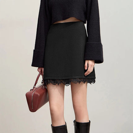 AMII Minimalist Mini Skirt 2025 Winter New Short Wool Warm Skirts For Women Patchwork Lace Casual Solid Clothing Ladies 12544125 PlatiNum