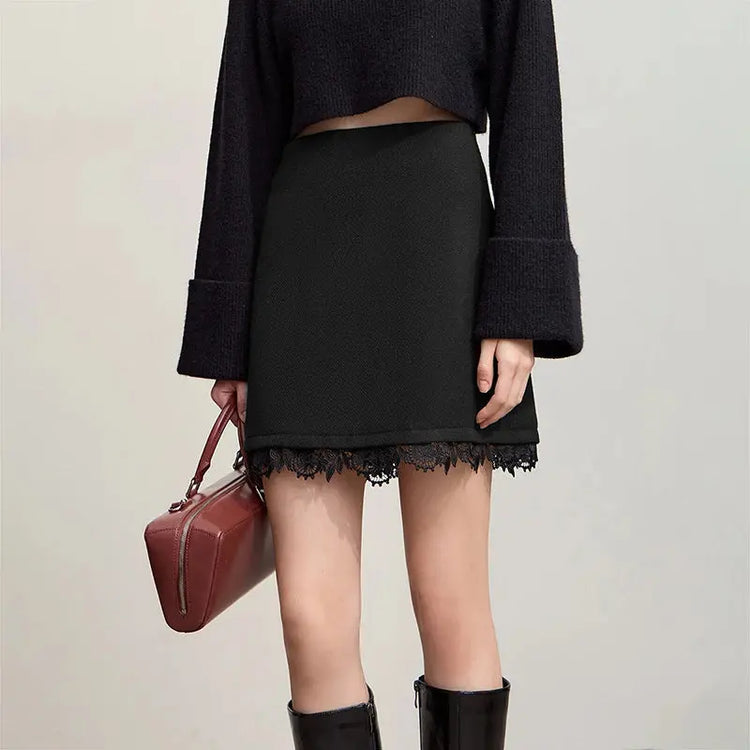 AMII Minimalist Mini Skirt 2025 Winter New Short Wool Warm Skirts For Women Patchwork Lace Casual Solid Clothing Ladies 12544125 PlatiNum