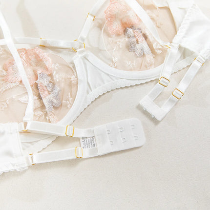French Style Floral Embroidery Lingerie Set Transparent Hollow Out Bra and Panty Fancy Garter Belt Women Erotic Underwear