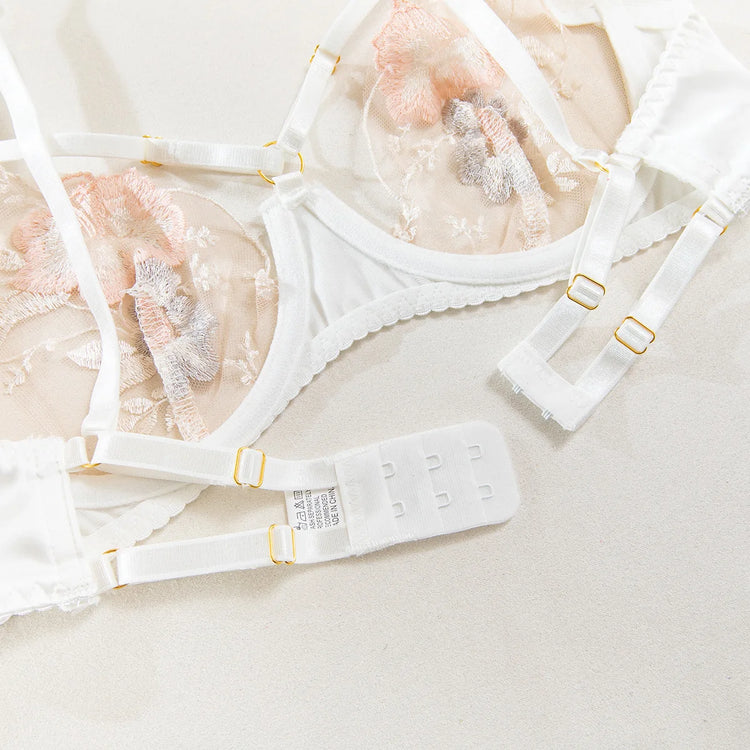 French Style Floral Embroidery Lingerie Set Transparent Hollow Out Bra and Panty Fancy Garter Belt Women Erotic Underwear