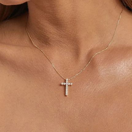 Danity Cubic Zirconia Cross Pendant Necklace for Women, Stainles Steel Chain Adjustable PlatiNum