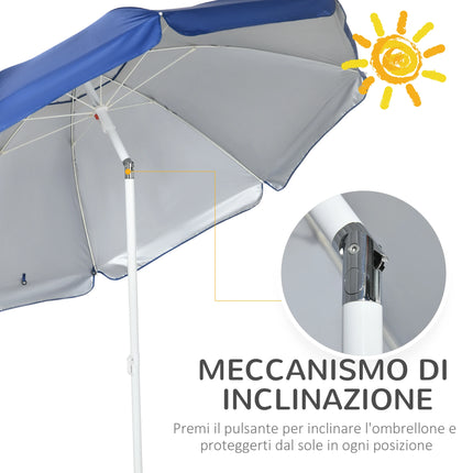 Outsunny Ombrellone da Spiaggia Ø1.9x2 m con Tettuccio Reclinabile a 45°, Tendina Laterale con Finestre e 2 Tasche, Ombrellone da Mare con 8 Stecche e Design a 2 Sezioni in Acciaio e Poliestere, Blu