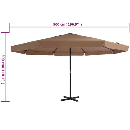 Ombrellone da esterno in alluminio 500 cm color tortora, anti-UV, con manovella, 8 stecche, base stabile, tessuto impermeabile, facile da montare