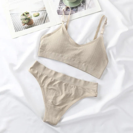 Women Seamless Bra And Panties Set Sexy Lingerie High Waist Thong Comfy Wire Free Bra Female Solid Color Ribbed Underwear Set