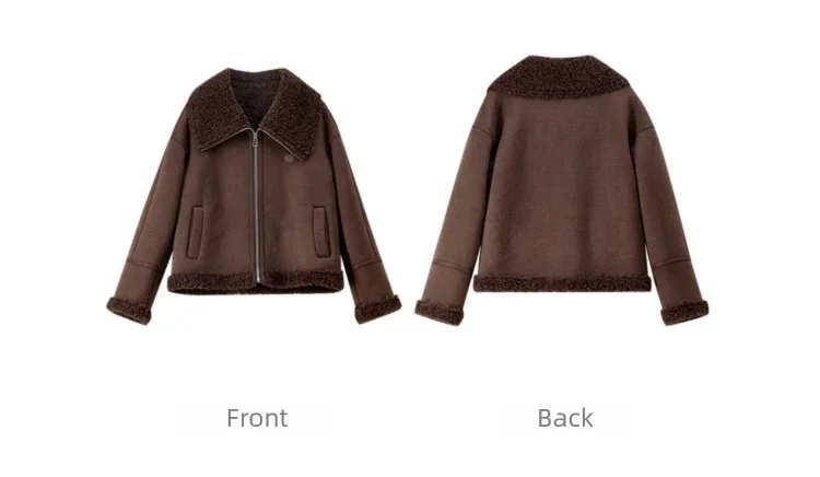 SENTUBILA Women's Faux Suede Coat Plush Lapel Zipper Faux Leather Cropped Jacket 2026 Winter Retro Ladies Outerwear W54PD5913