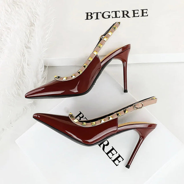 Donne 9.5 cm Tacchi alti Lady Pelle verniciata con borchie Tacco a spillo Singolo cinturino alla caviglia Tacchi Décolleté Scarpe da ballo traspiranti femminili platinumshop